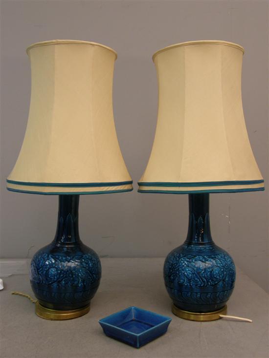 Appraisal: Pair of th Century turquoise glazed lamps stamped with monogramme