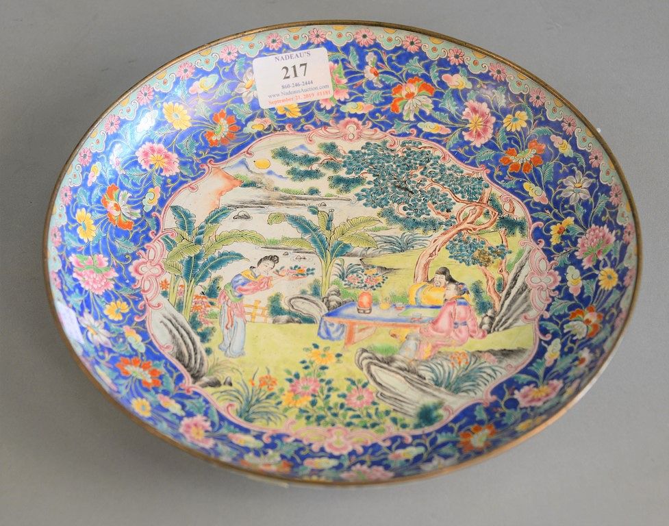 Appraisal: Canton enamel dish with enameled figures at a table in