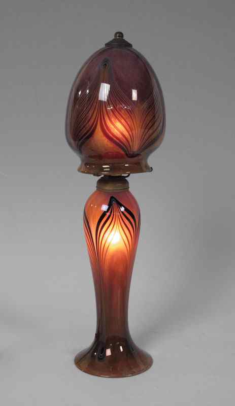 Appraisal: ART GLASS PULLED FEATHER DESIGN LAMP Pulled feather design on