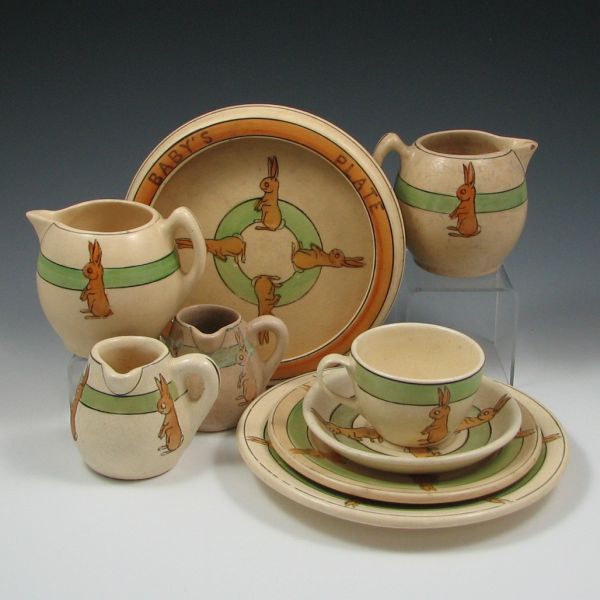 Appraisal: Nine Roseville Juvenile bunny pieces including plates rolled edge bowl