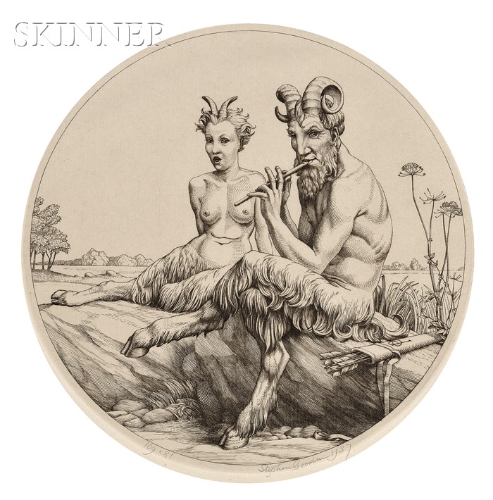 Appraisal: Stephen Gooden British - The Satyrs Inscribed signed and dated