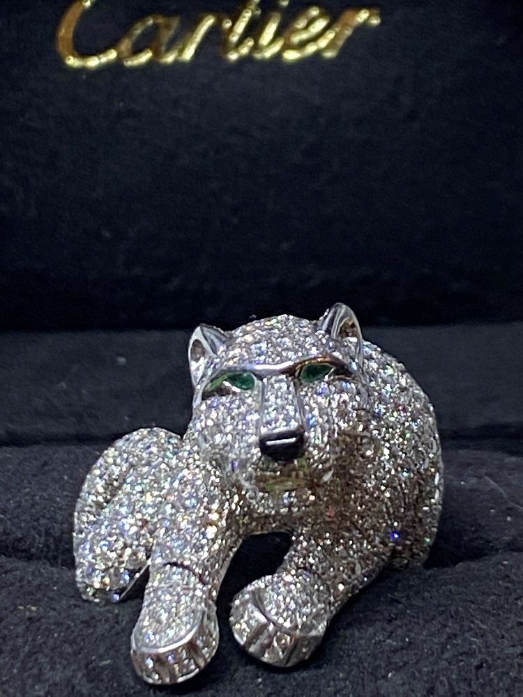 Appraisal: Cartier Panther Diamond Emerald Rotation Head Ring Cartier Platinum Panther