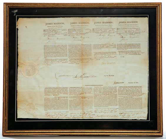 Appraisal: JAMES MADISON SIGNED DOCUMENT Antique document issued to Timothy Pillsbury