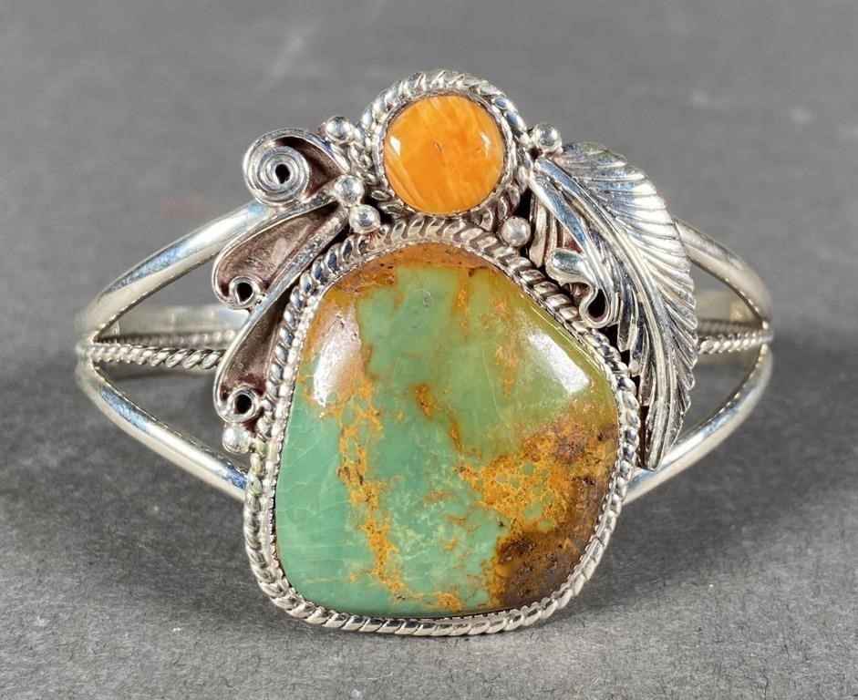 Appraisal: Sterling cuff bracelet with turquoise and spiny oyster gemstones Marked