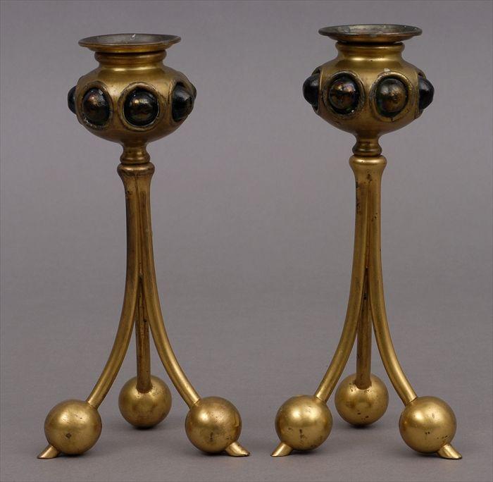 Appraisal: PAIR OF TIFFANY STUDIOS GILT-BRONZE CANDLESTICKS WITH FAVRILLE GLASS MOUNTS