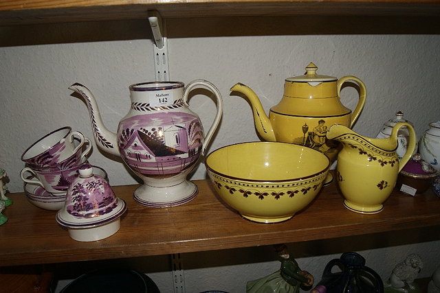 Appraisal: Lustre coffee pot and three cups and saucers th Century