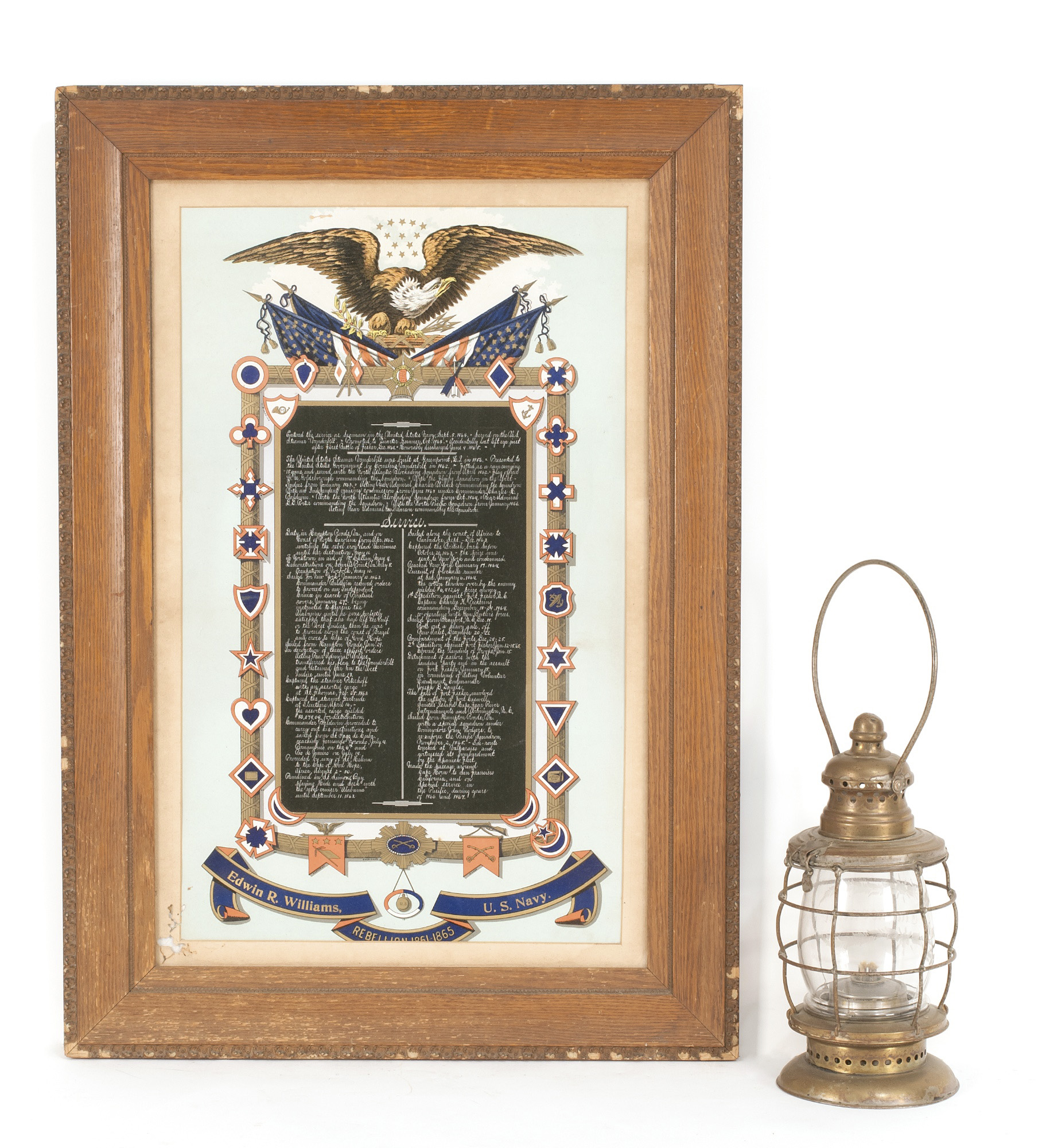 Appraisal: FRAMED PRINT AND PRESENTATION LANTERN PERTAINING TO THE CIVIL WAR