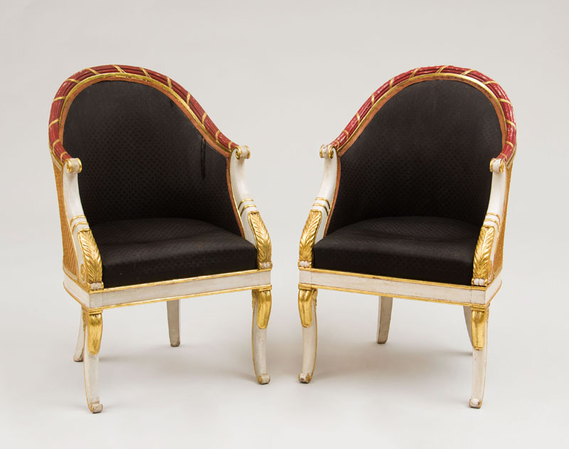 Appraisal: PAIR OF EMPIRE CREAM AND IRON-RED PAINTED AND PARCEL-GILT TUB