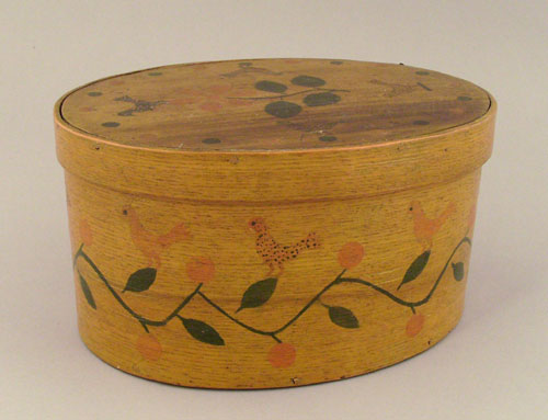 Appraisal: Painted band box late th c decorated with chickens and