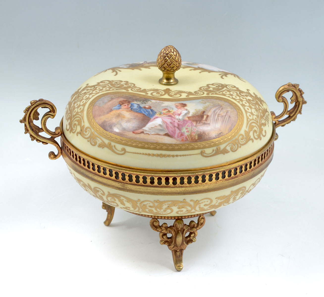 Appraisal: PAINTED SEVRES STYLE PORCELAIN DRESSER JAR Soft yellow ground dresser