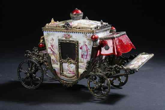 Appraisal: AUSTRIAN GILT-BRONZE MOUNTED ENAMELLED CARRIAGE th century With hand-painted decoration