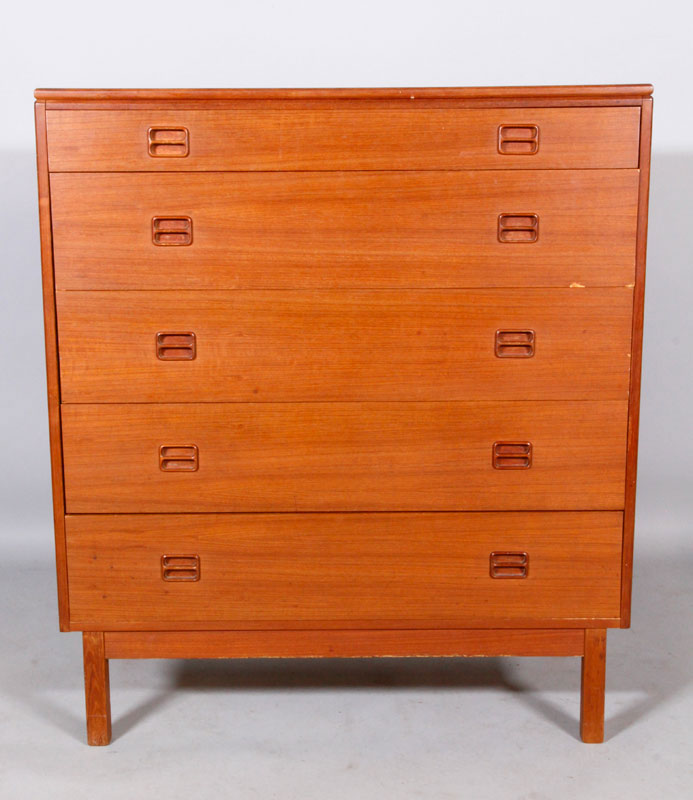 Appraisal: - Danish -Drawer Chest Danish Modern five-drawer chest stamped on