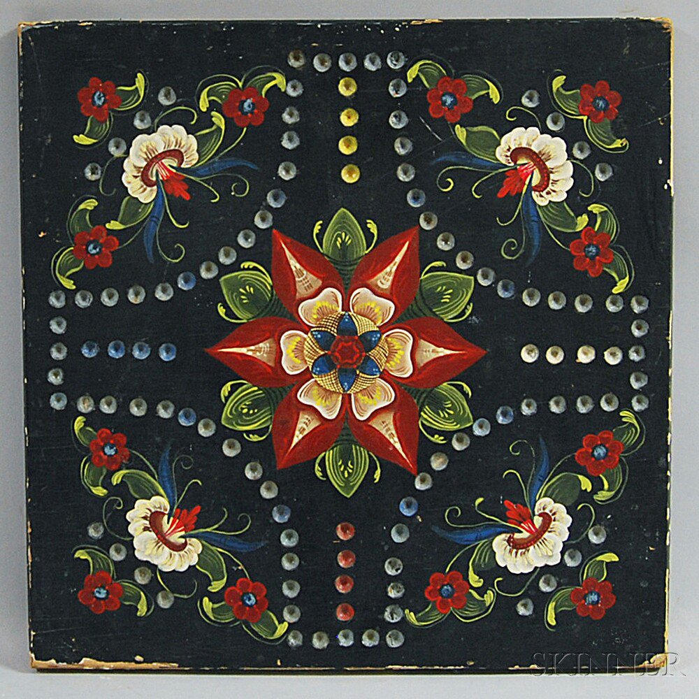 Appraisal: Painted Pine Game Board with elaborate floral decoration to corners