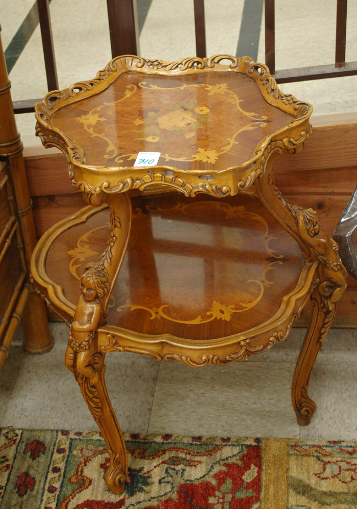 Appraisal: LOUIS XV STYLE TWO-TIER INLAID TABLE American mid- th century