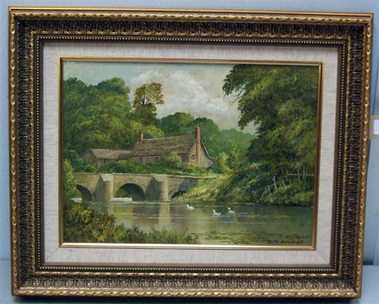 Appraisal: Keith Burtonshaw landscape with river and cottage signed Framed oil