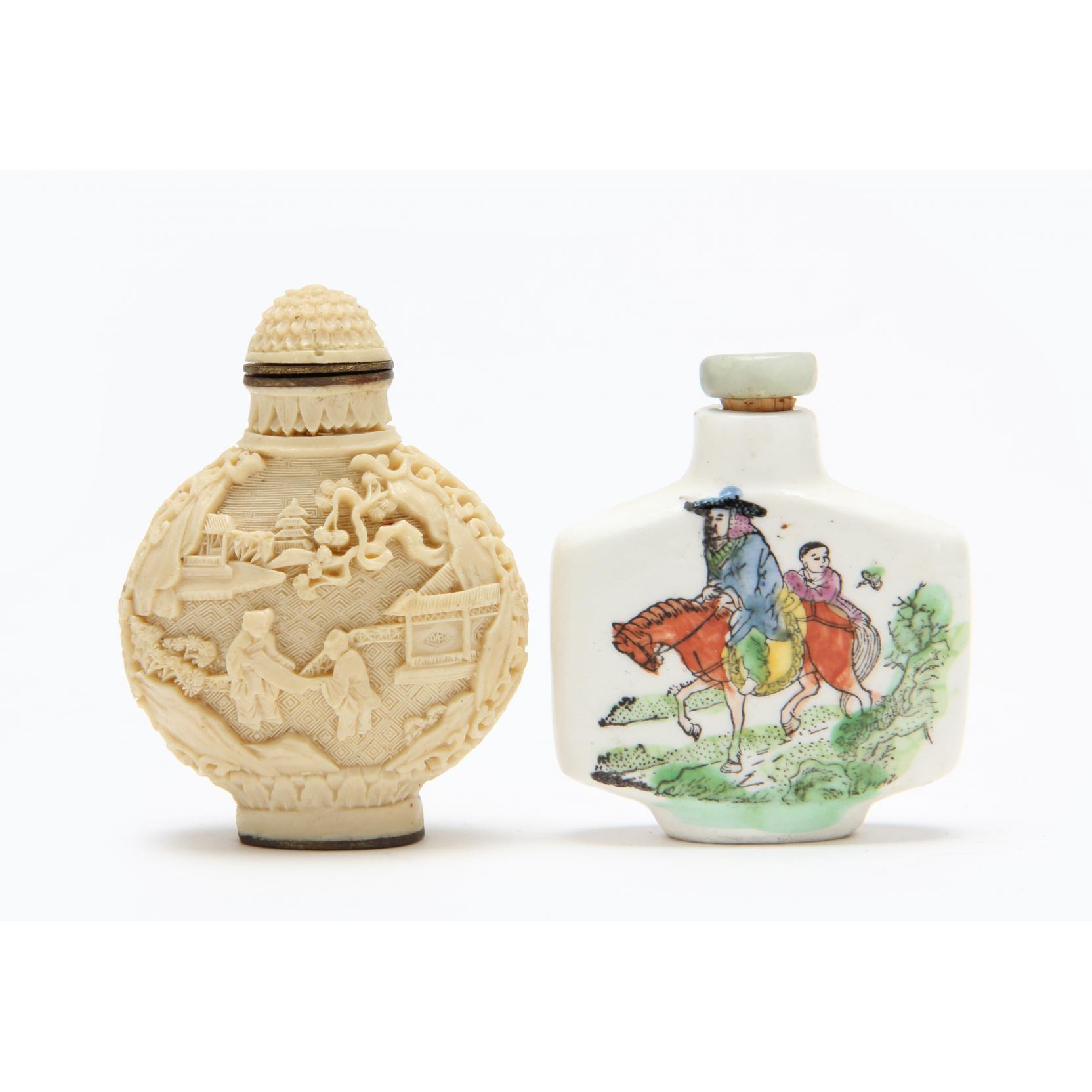 Appraisal: Two Chinese Snuff Bottles one porcelain with painting of a