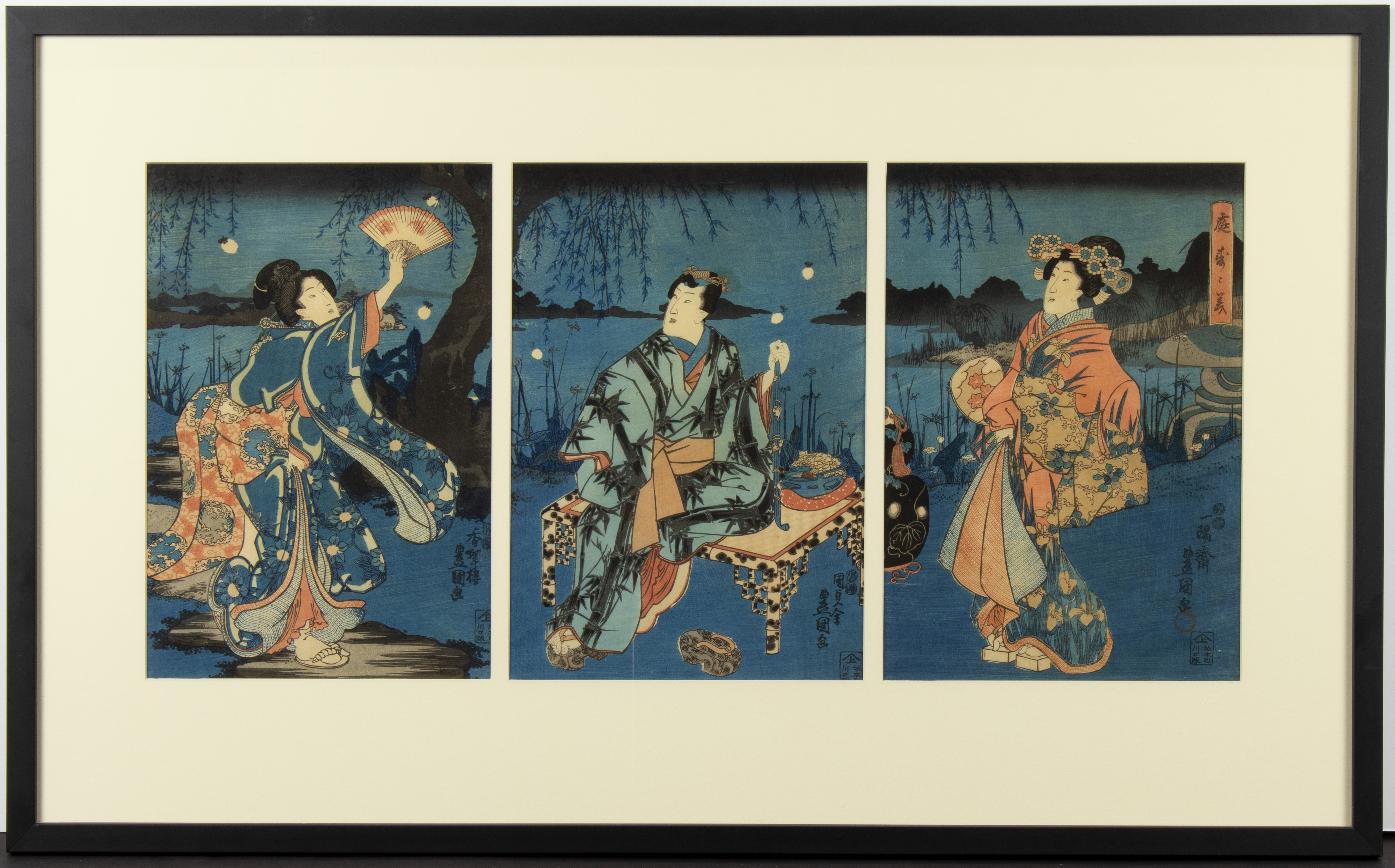 Appraisal: UTAGAWA TOYOKUNI TRYPTCH WOODBLOCKS Utagawa Toyokuni tryptch woodblocks framed and