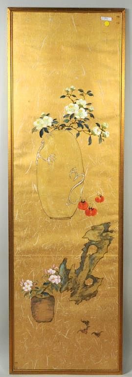 Appraisal: Framed Asian Hanging Gouache On Gilt Paper Framed Asian gouache