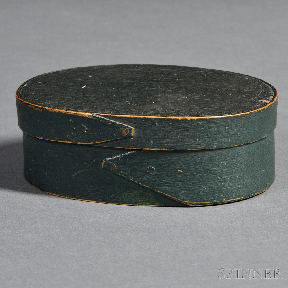 Appraisal: Small Blue Green-painted Oval Covered Box probably New England th