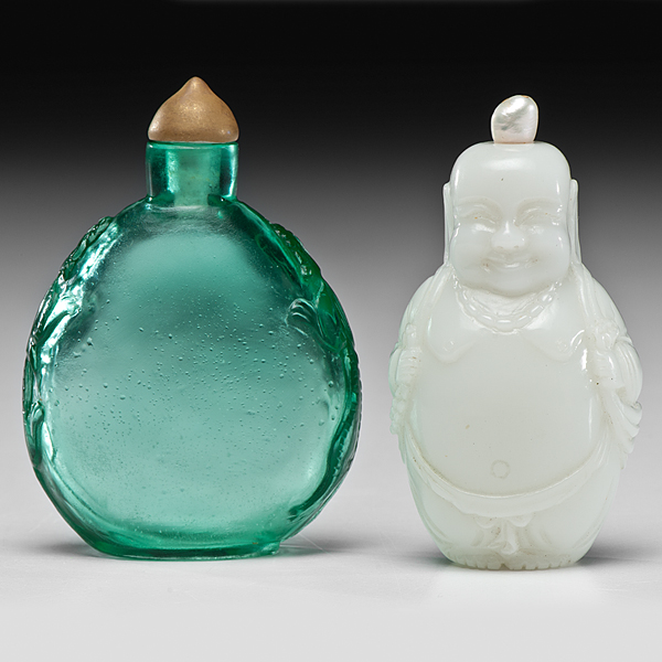 Appraisal: Chinese th century Two snuff bottles one being white jade