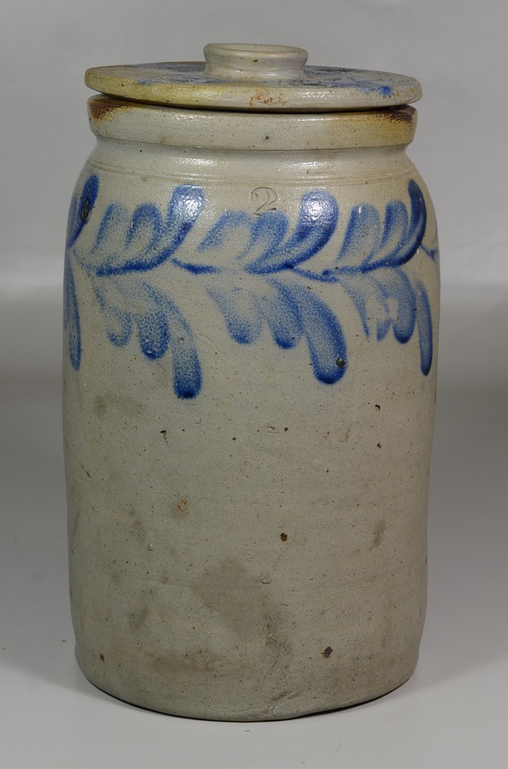 Appraisal: Blue decorated stoneware gallon covered crock with lid small chip