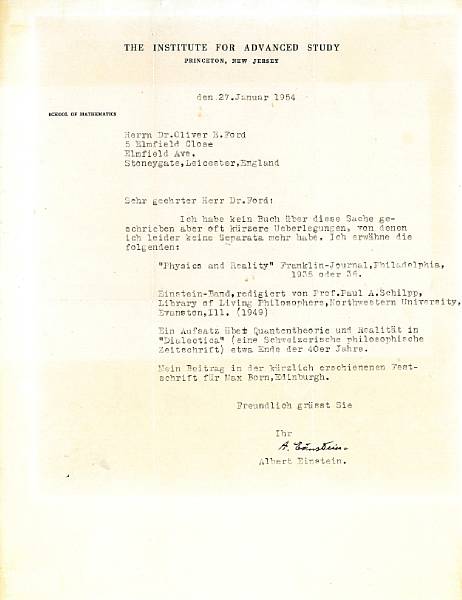 Appraisal: EINSTEIN ALBERT Typed Letter Signed A Einstein p folio Princeton