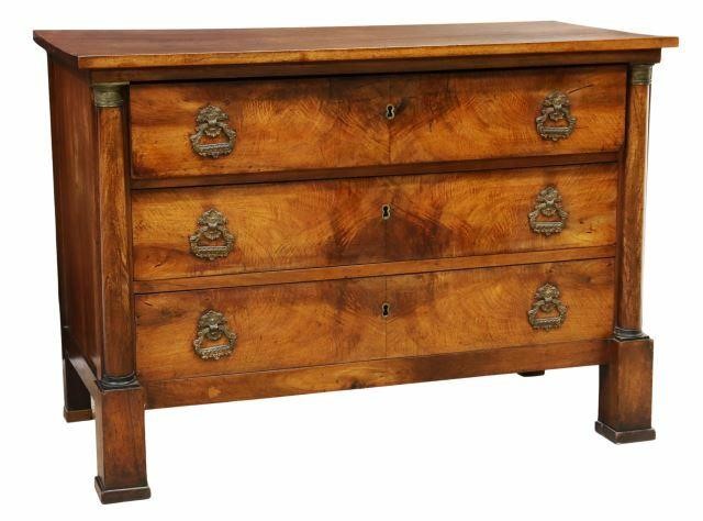 Appraisal: French Empire style figured walnut commode th c rectangular top