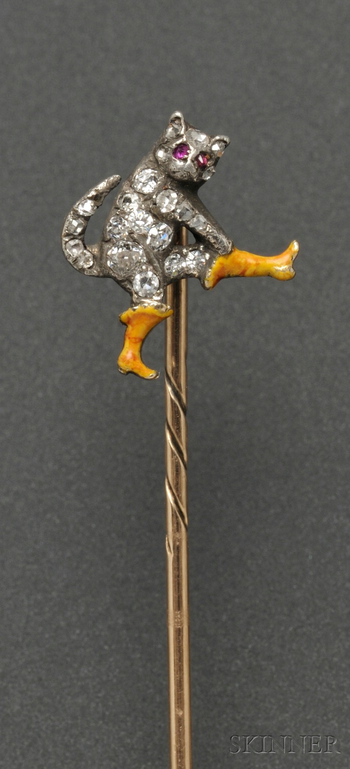 Appraisal: Antique Enamel and Diamond Puss in Boots Stickpin the gentleman