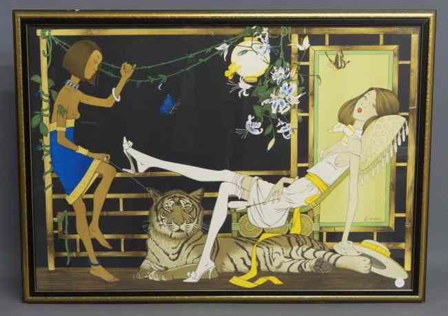 Appraisal: Print women with tiger signed '' P Noyer'' Phillipe Noyer