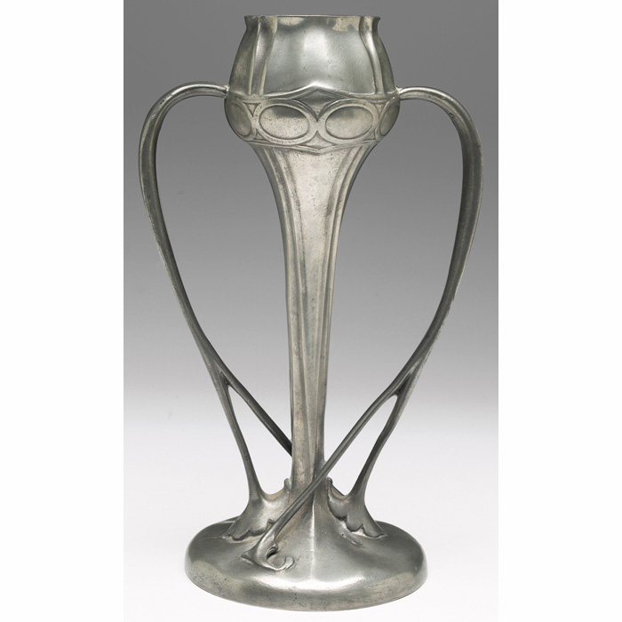 Appraisal: Tudric vase handled stylized flower form in pewter original patina