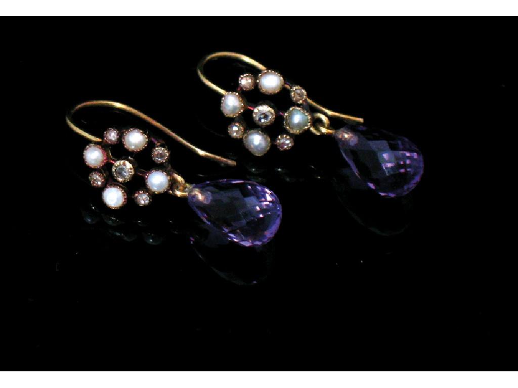 Appraisal: A PAIR OF VICTORIAN STYLE AMETHYST AND SEED PEARL DROP