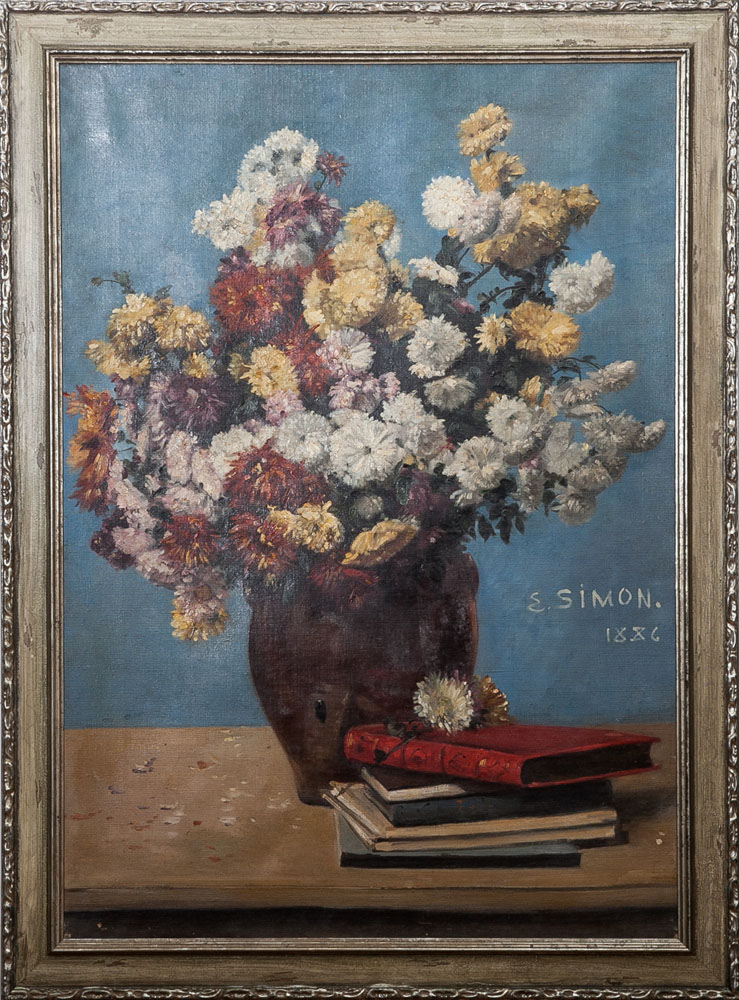 Appraisal: American School Vase of Flowers Oil on canvas signed 'E