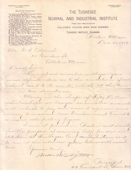 Appraisal: WASHINGTON BOOKER T Letter Signed as Principal of The Tuskeegee