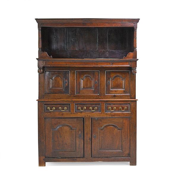 Appraisal: ENGLISH COURT CUPBOARD Oak and mixed woods five paneled doors