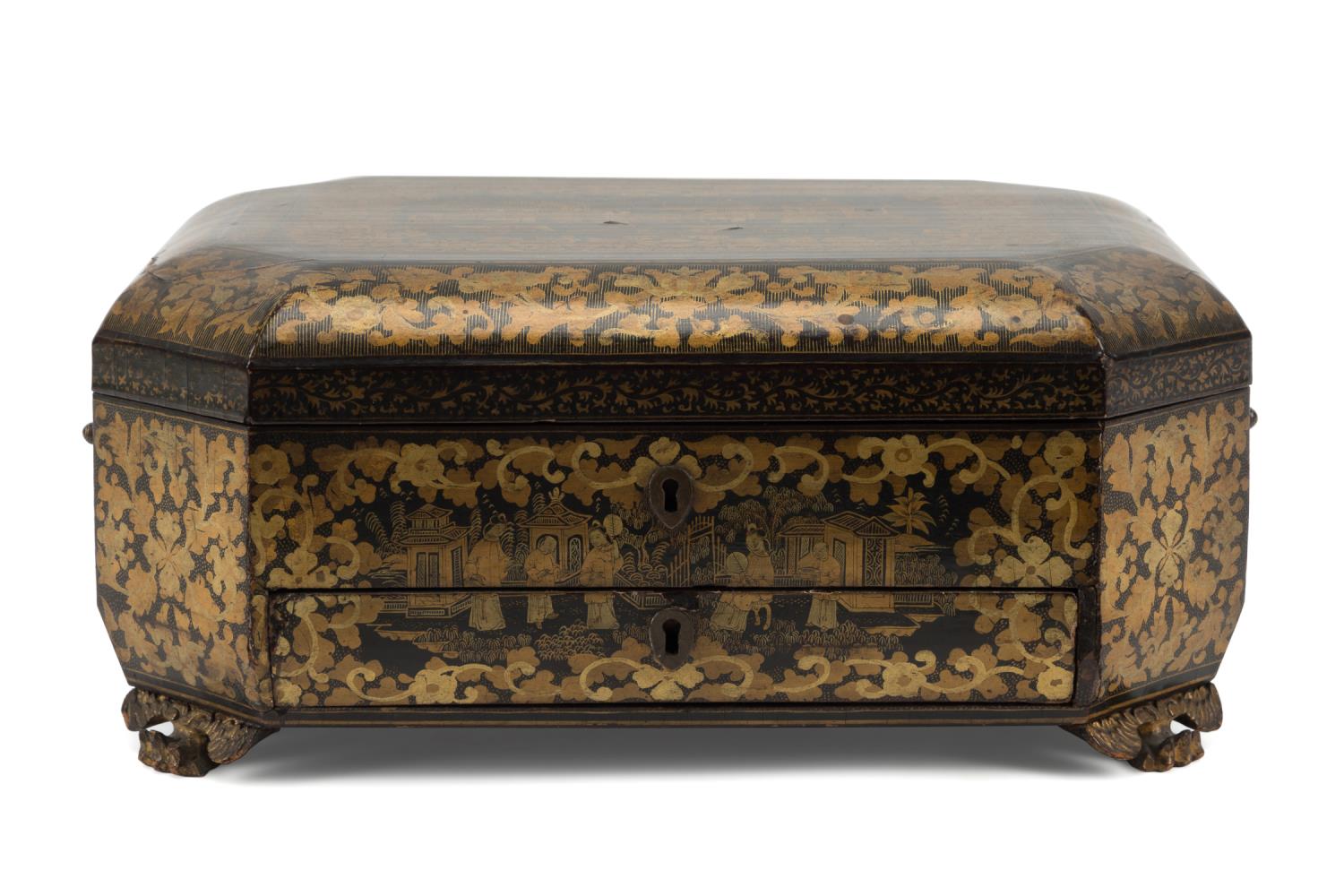 Appraisal: CHINA TRADE BLACK GILT LACQUERED SEWING BOX Chinese Export black