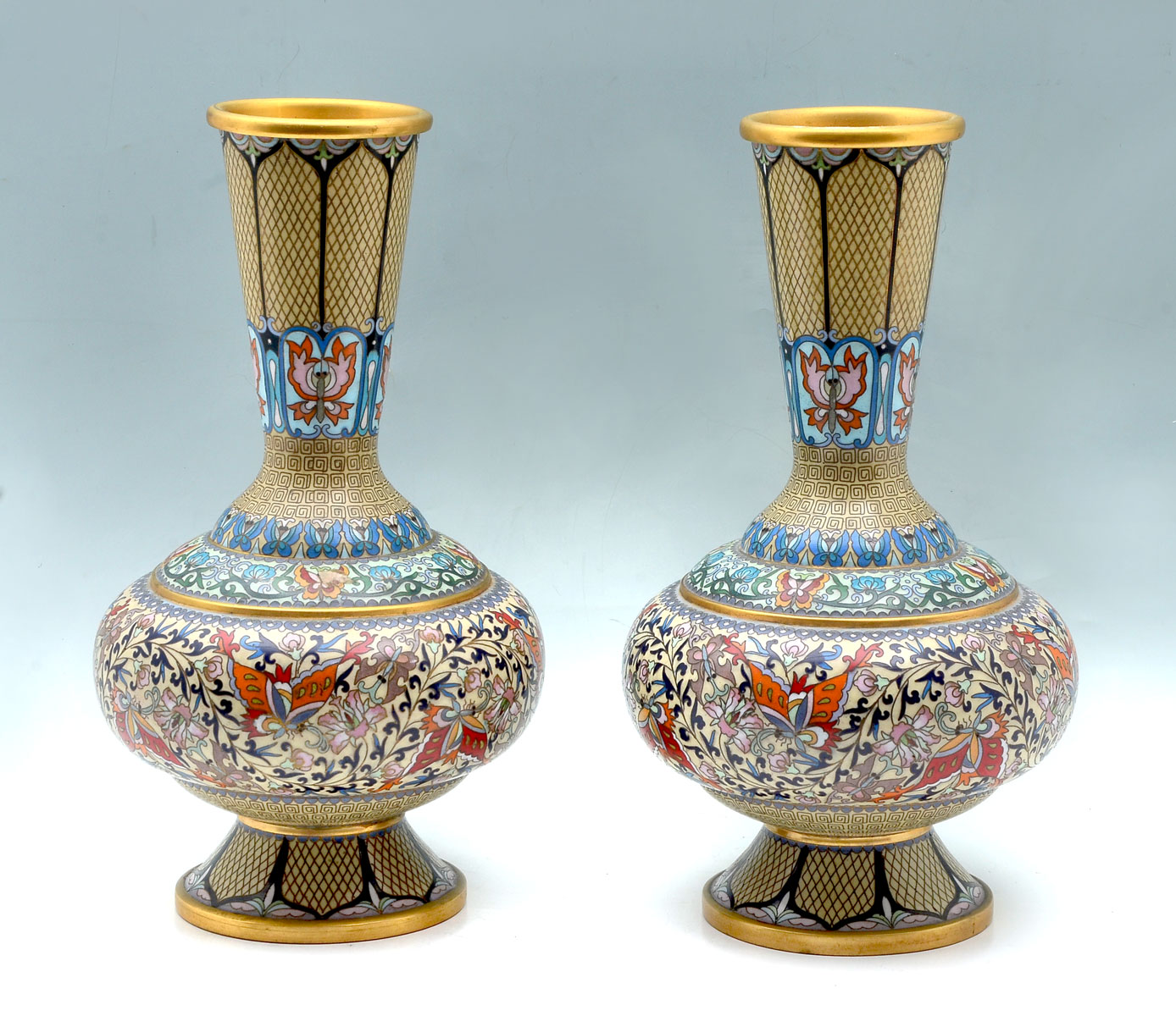 Appraisal: PAIR OF CLOISONNE BUTTERFLY VASES Chinese cloisonne vases having a