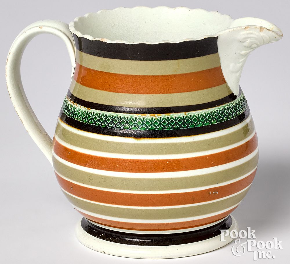 Appraisal: Mocha pitcher Mocha pitcher with brown and umber bands h