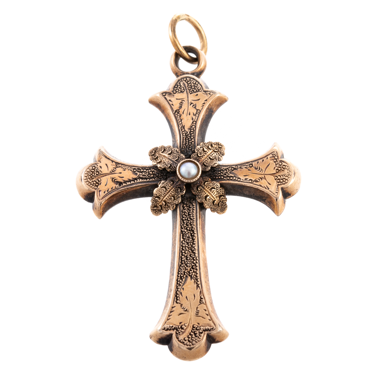 Appraisal: A K ANTIQUE CROSS PENDANT WITH PEARL K yellow gold