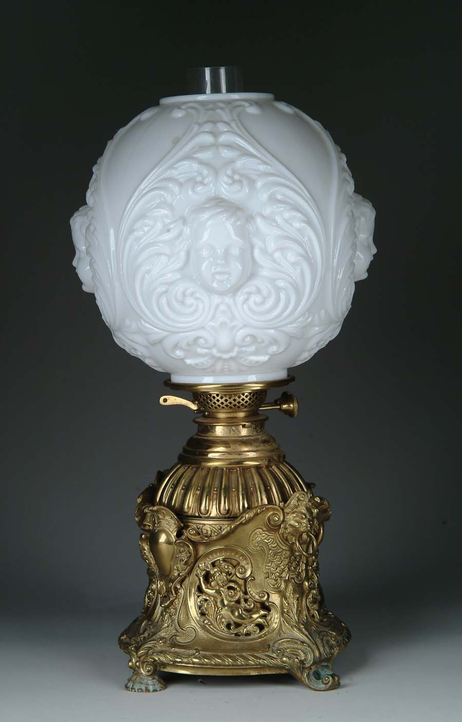 Appraisal: ORNATE BRASS KEROSENE LAMP Rare kerosene lamp has very ornate