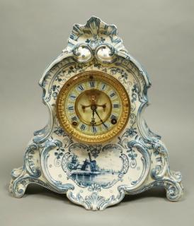 Appraisal: ANSONIA Blue White Delft Style Clock Decorativ ANSONIA Blue White