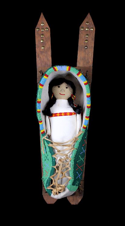 Appraisal: Kiowa Fully Beaded Cradleboard w Doll Mid- 's This is