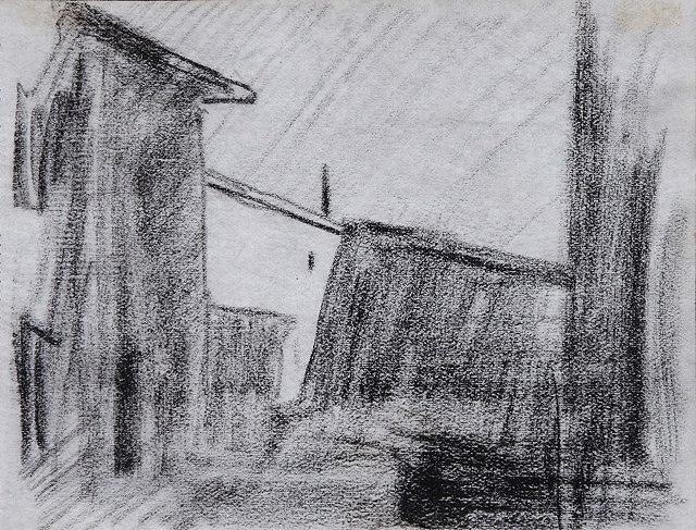 Appraisal: AUGUSTUS JOHN - Buildings in a village charcoal sketch Folio