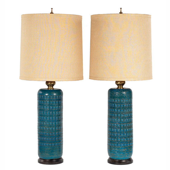 Appraisal: Large Bitossi for Raymor lamps pair ceramic impressed design covered