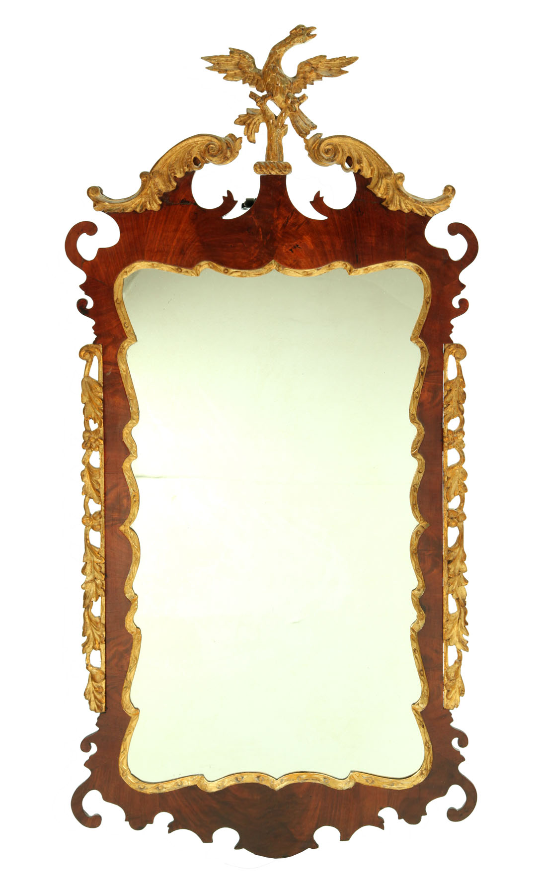 Appraisal: CHIPPENDALE-STYLE MIRROR European th century mahogany veneer Elaborate gilt phoenix