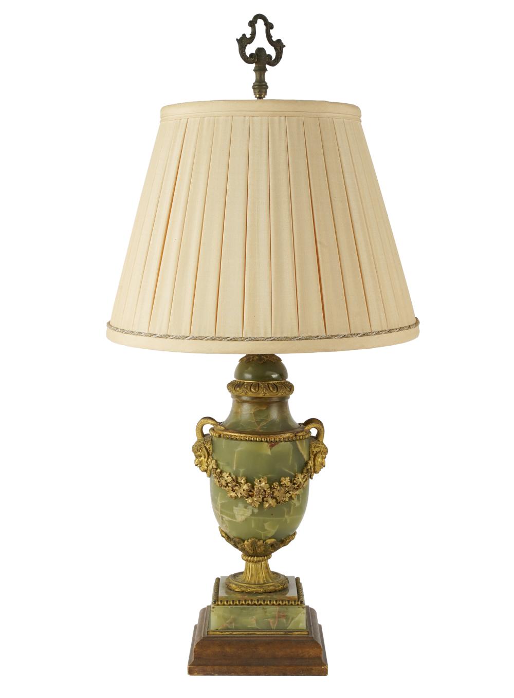 Appraisal: NEOCLASSICAL-STYLE ONYX GILT METAL TABLE LAMPthe pleated shade over one