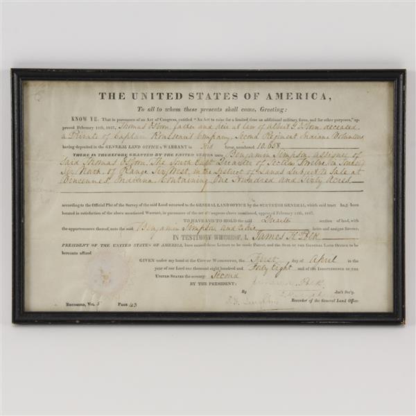 Appraisal: Land grant signed by President James Polk x frame