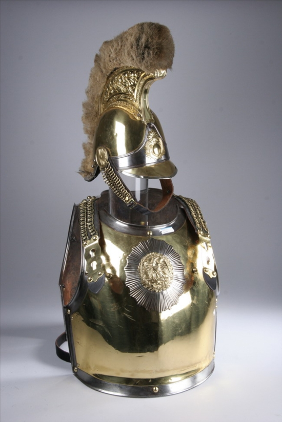 Appraisal: FRENCH DRAGOON OFFICER'S CUIRASS AND HELMET th century Cuirass brass