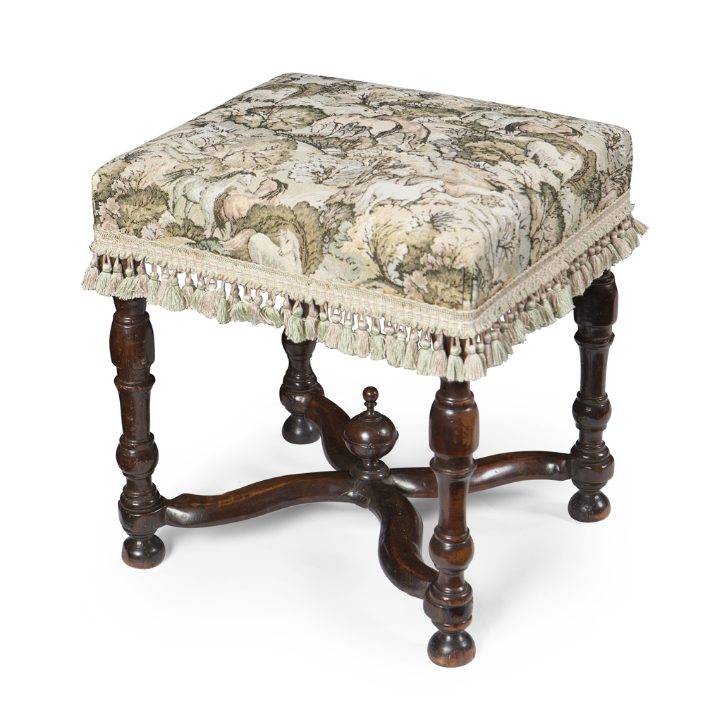 Appraisal: WILLIAM AND MARY WALNUT AND UPHOLSTERED STOOL LATE TH CENTURY