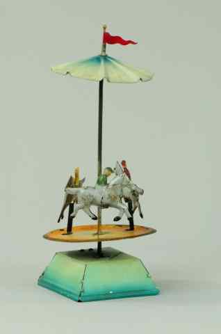 Appraisal: HORSE AND RIDERS GO-AROUND Germany painted tin go-around features three