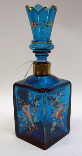 Appraisal: A MOSER GLASSWORKS ENAMELED BLUE GLASS PERFUME BOTTLE in square